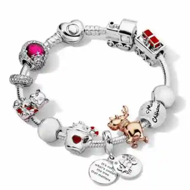 

SIENTO 100% 925 Sterling Silver Winter Bracelet Set Merry Christmas Charm Dazzling Snowflake Charm ROSE REINDEER BEAR Train Char