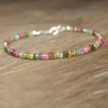 Watermelon Tourmaline Bracelet Ombre Shaded Pink Green Bracelet Layering Bracelet Black Beaded Bracelets Womens Jewelry