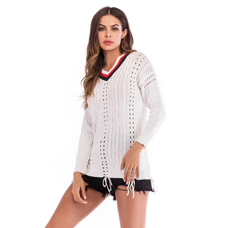 Fashion White V-Neck Long Sleeve Warm Women'S Sweater Casual Pullover Knit Autumn And Winter Ladies Sweater 5870