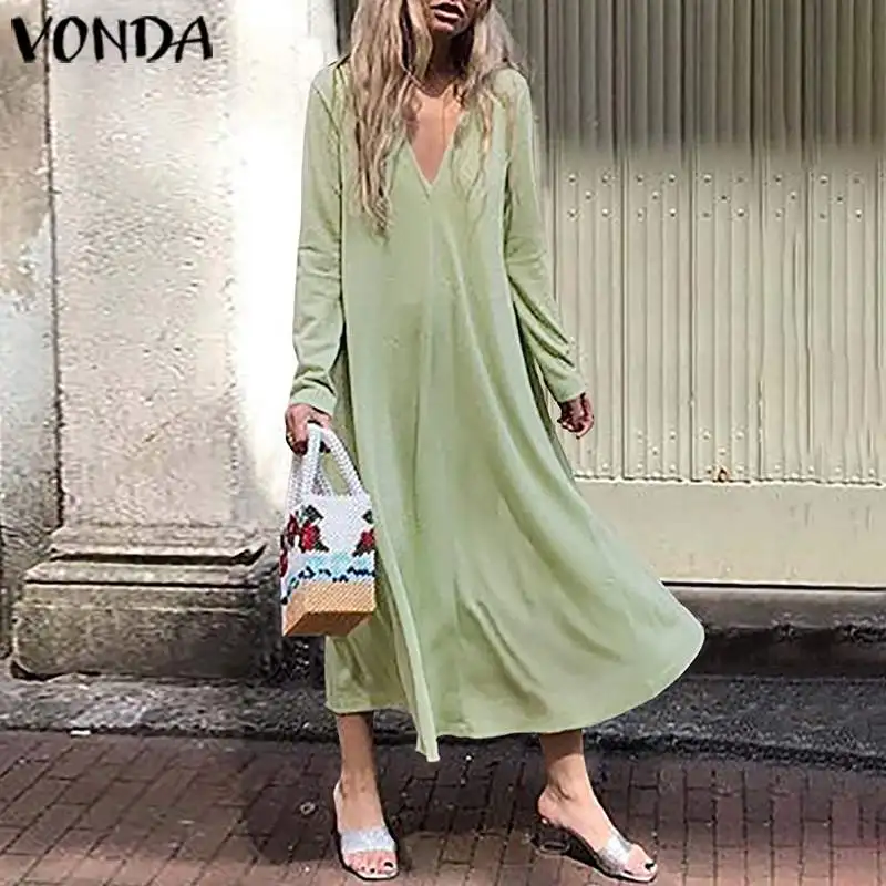 VONDA, модные вечерние платья с длинным рукавом для беременных,, Женские однотонные длинные платья макси, Осенние богемные платья для беременных