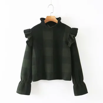 

Women Hoodie Plaid 2020 Spring Fall Korean Fashion Ruffles Patchwork Chic Pullovers Female Long Sleeve Tops Sweatershirts Tops