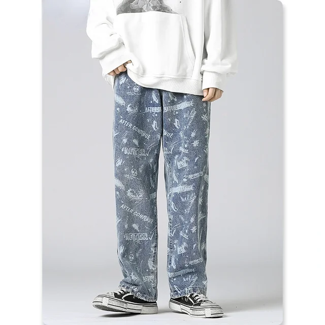 Printed Men Jeans Streetwear Fashion Straight Wide Leg Pants New Autumn Korean Hip Hop Loose Baggy Jeans Male Casual Trousers 1