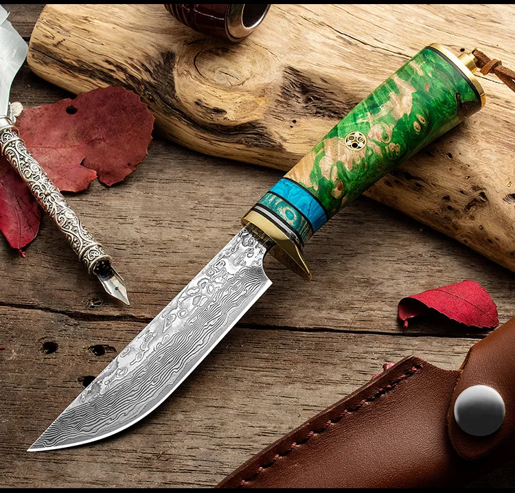 3 styles Fixed Blade Survival Straight Knife VG10 Damascus Steel Blade Solidified wood Handle With Leather Sheath fruit knife