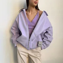 Women's 2021 Autumn Street Simple Leather Solid Color Zipper with Pockets Long-sleeved Jacket Fashion Trend Loose Top Women