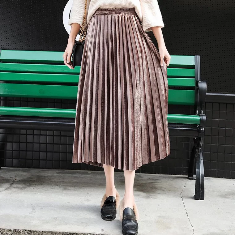 OHRYIYIE размера плюс 3XL элегантная миди длинная Плиссированная юбка Женская Осенняя зимняя модная Корейская женская бархатная юбка с высокой талией