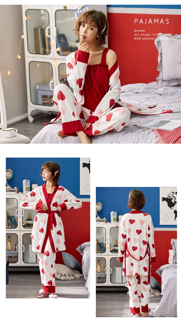 BZEL/комплект хлопковых пижам для женщин; красная одежда для сна с надписью «Love»; Повседневная Домашняя одежда с героями мультфильмов; домашняя одежда; комплект из 3 предметов; Пижама