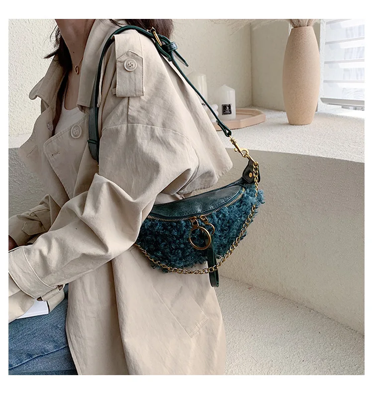 Модная плюшевая поясная сумка, поясная сумка, сумки через плечо для Женский широкий ремень, кожаная женская сумка на плечо с цепочкой