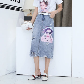 

Pattern Print High Waist Ripped Denim Midi Skirt For Women Slim Split Distressed Jeans Women Calf Length A Line Denim Skirt