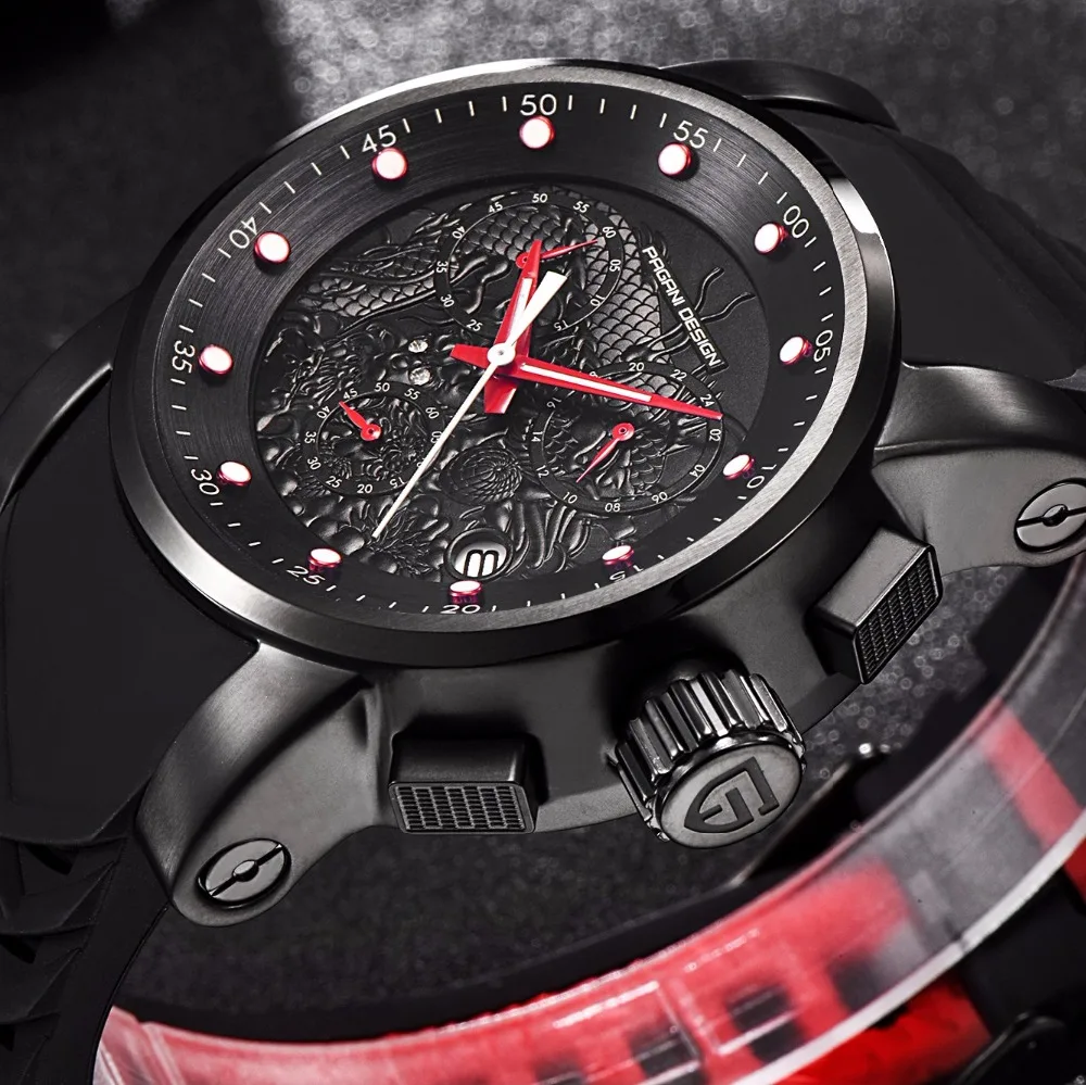 Top Brand Hot Men Quartz Watch PAGANI DESIGN Chinese Dragon Calendar Silicone Strap Multifunction Chronograph Waterproof Watch