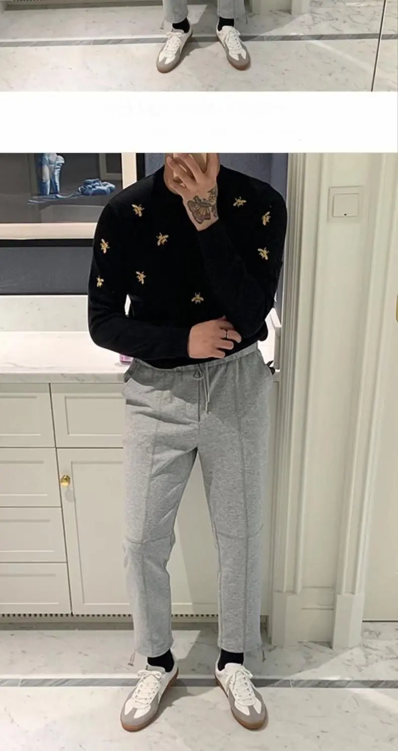 Men Knitted Pullover Black O Neck Bee Embroidery Soft Sweater Handsome Autumn Winter Casual Top Wholesale 2022 New Male Clothes Men Knitted Pullover Black O Neck Bee Embroidery Soft Sweater Handsome Autumn Winter Casual Top Wholesale 2022 New Male Clothes