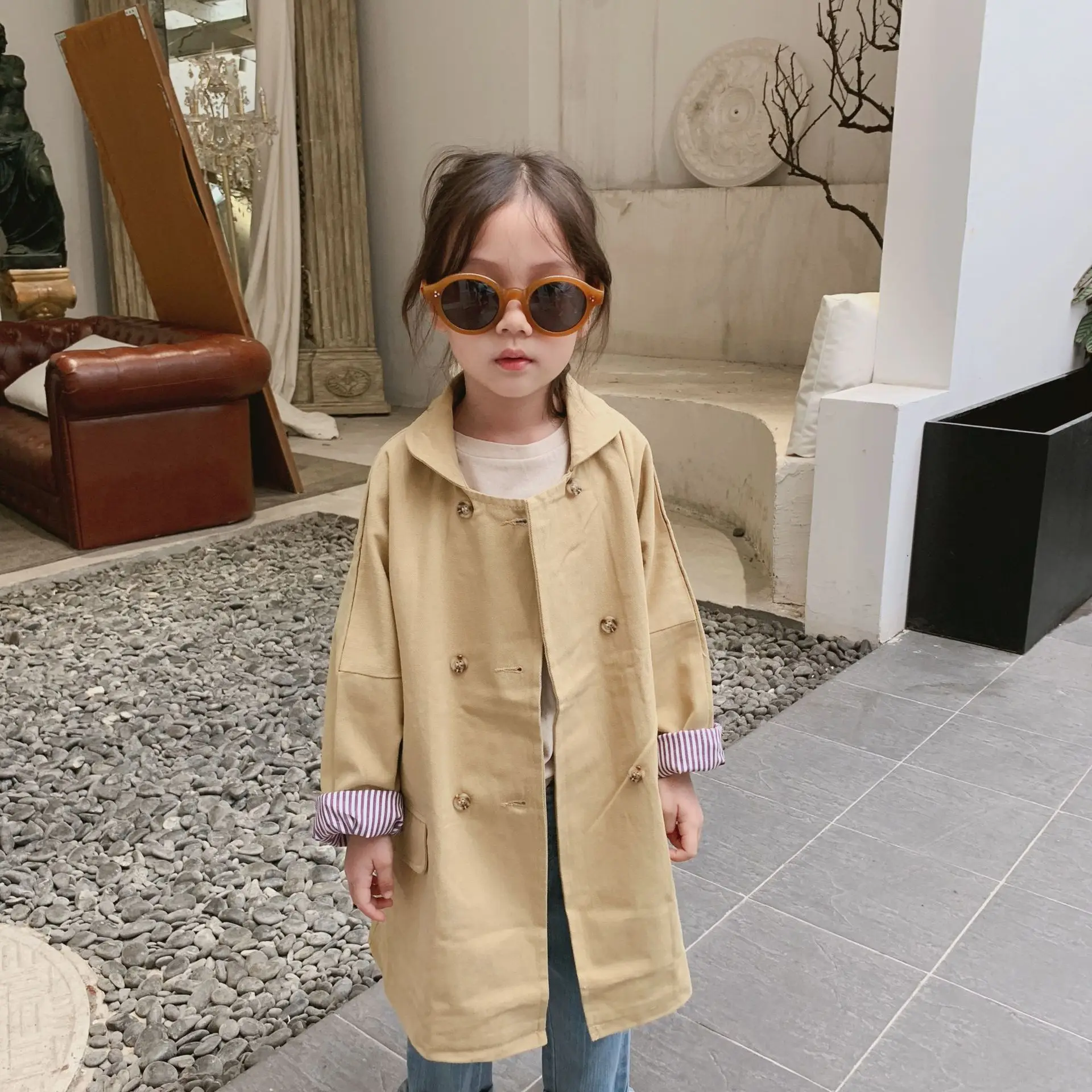 Khaki 130 Cm Пальто для девочек Новинка года, Весенняя Стильная Детская куртка, плащ женская одежда в Корейском стиле, Детское пальто свободная длинная куртка - Цвет: Khaki 130 Cm