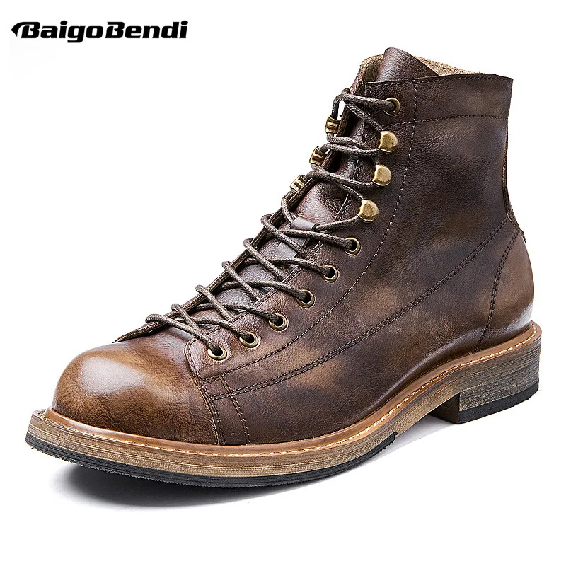 Men Training Boots Retro Big Round Toe Men's Work Boots British Style Cool Leather Lace Up Man Autumn Winter Casual Shoes