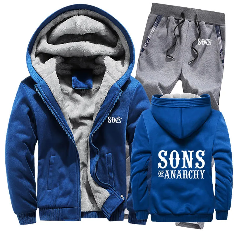 SOA Sons of толстовки анархия мужской костюм зимний флис утолщаются теплые молнии пальто толстовка мужские толстовки куртка+ брюки 2 шт. наборы