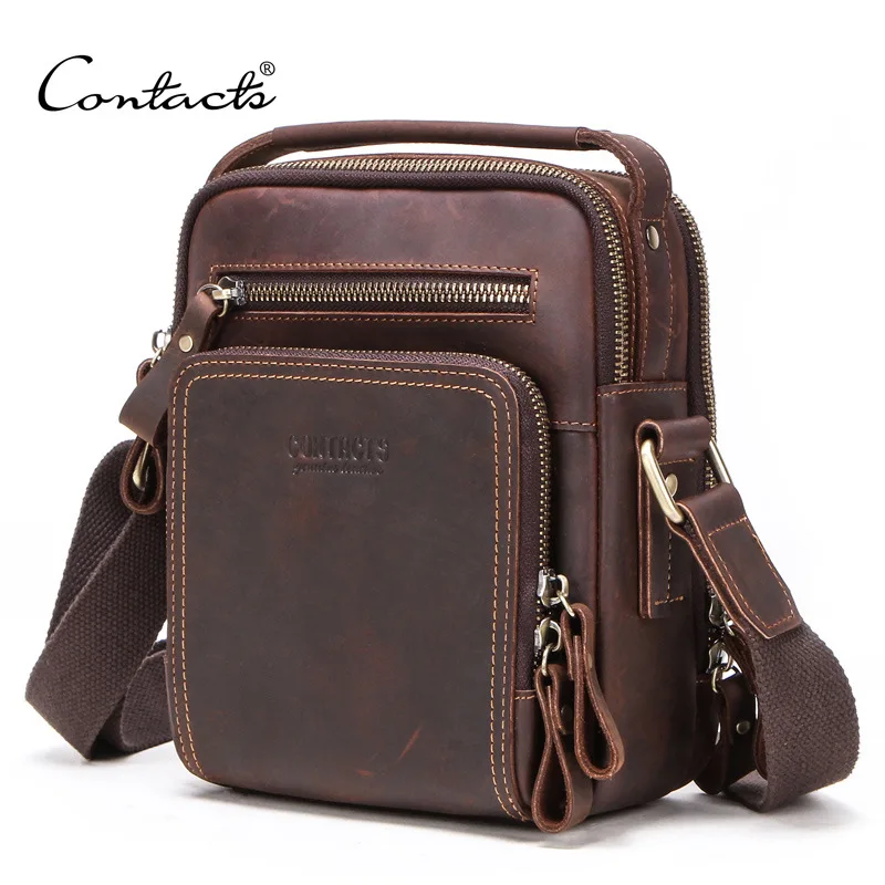 

CONTACT'S Leather Mens Messenger Shoulder Bag with Handle Genuine Cross Body Bag for 7.9 inch IPAD Male Crazy Business Briefcase
