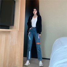 JUJULAND женские синие джинсы повседневные с высокой талией линии Джинсовые Брюки красочный узор прямые джинсы 66222