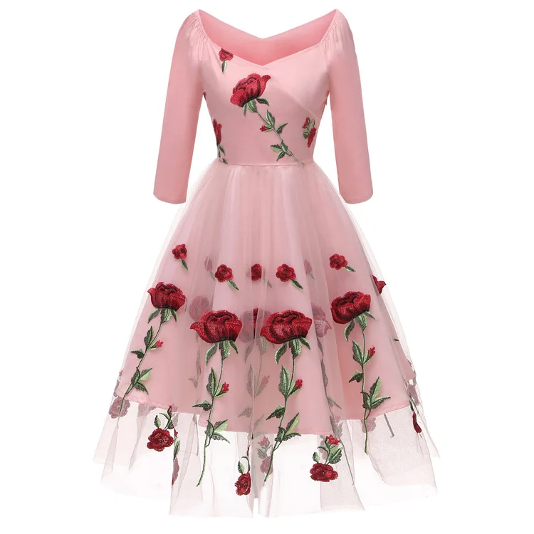 Новое зимнее женское винтажное платье с цветочной вышивкой, с v-образным вырезом, милое бальное платье подружки невесты, платья в стиле ретро, черное, розовое платье, Vestidos - Цвет: Pink