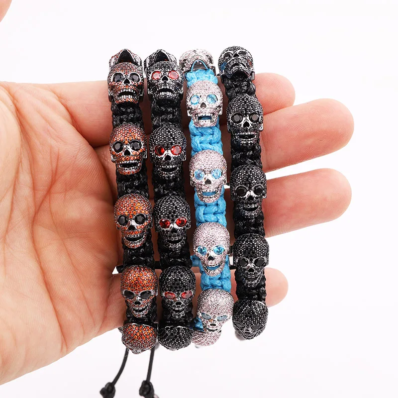 New Arrival Men Jewelry Bracelet Luxury CZ Mirco Pave Skull Charm Handmade Wax Cord Braided Macrmae Wrap Bracelet Men - Image 6