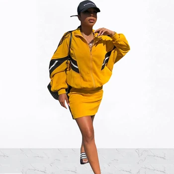 

Casual Yellow Patchwork 2 Piece Set Tracksuit Zipper Long Sleeve Jacket Top With Bodycon Mini Skirt Women Autumn Matching Sets