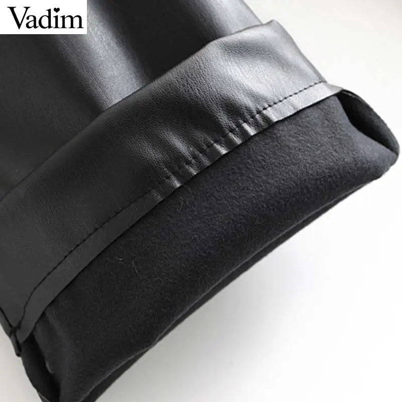 Vadim women chic PU leather black pants pockets zipper fly European style female casual trousers pantalones mujer KB185