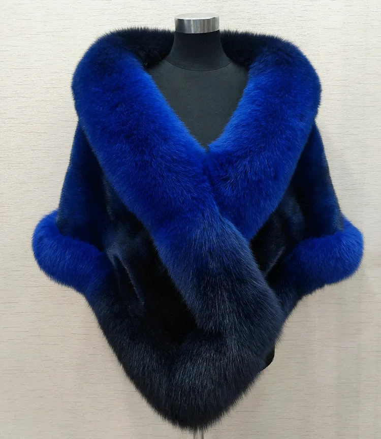 blue black Роскошная праздничная одежда элегантные женские свадебные накидки зимнее пончо разноцветная норковая Меховая куртка женская меховая шаль из натурального Лисьего меха - Цвет: blue black