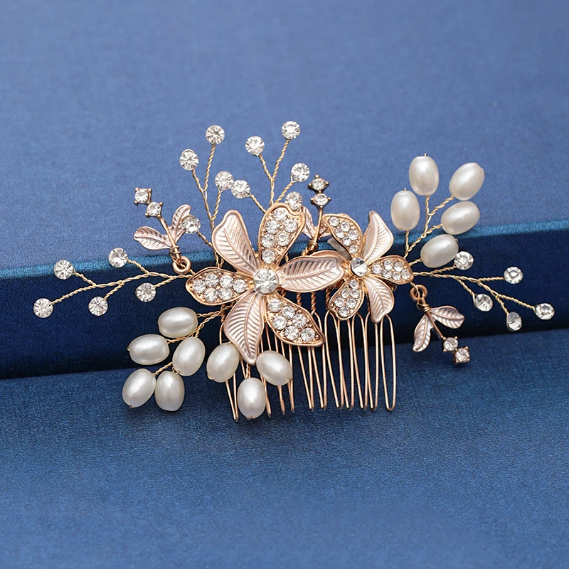 Trendy Handmade Tiara Wedding Hair Comb Leaf flower Bridal Headpiece Gold Pearl Rhinestone Head Jewelry Wedding Hair Accessories