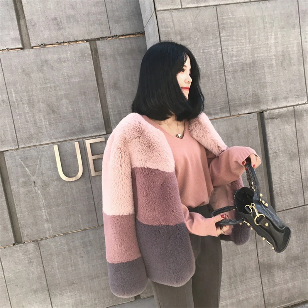 

Elegant Ladies Faux Rabbit Fur Coat Women Fashion Match Color Fur Coat Outwear 2019 Winter Warm Fluffy Thick Fur Jacket Overcoat