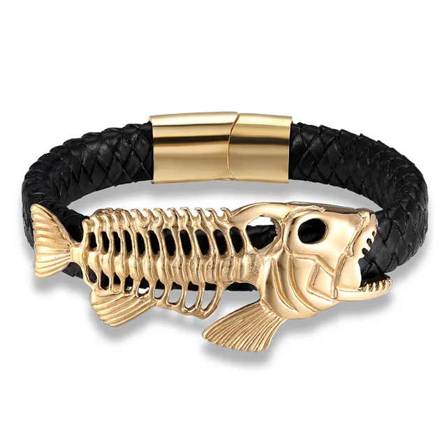 Punk Design 18k Plated Fish Bones Genuine Leather Bracelet 8