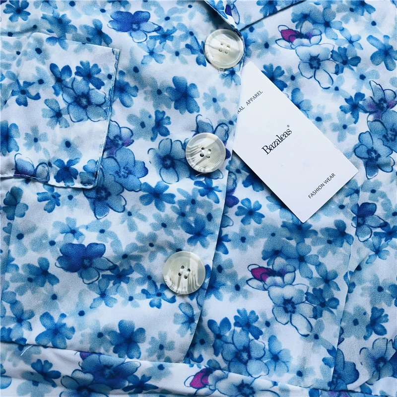 Bazaleas, женские винтажные платья на пуговицах с v-образным вырезом, синее летнее платье с цветочным принтом, повседневные платья с карманами, Прямая поставка