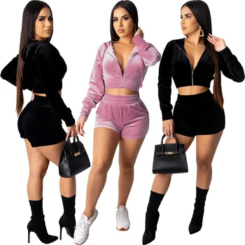 

Womens Tracksuit Set Hooded Long Sleeve Top Short Pearls Solid Color Two Piece Set Suit Casual Velvet Women Outfits Sweatsuit