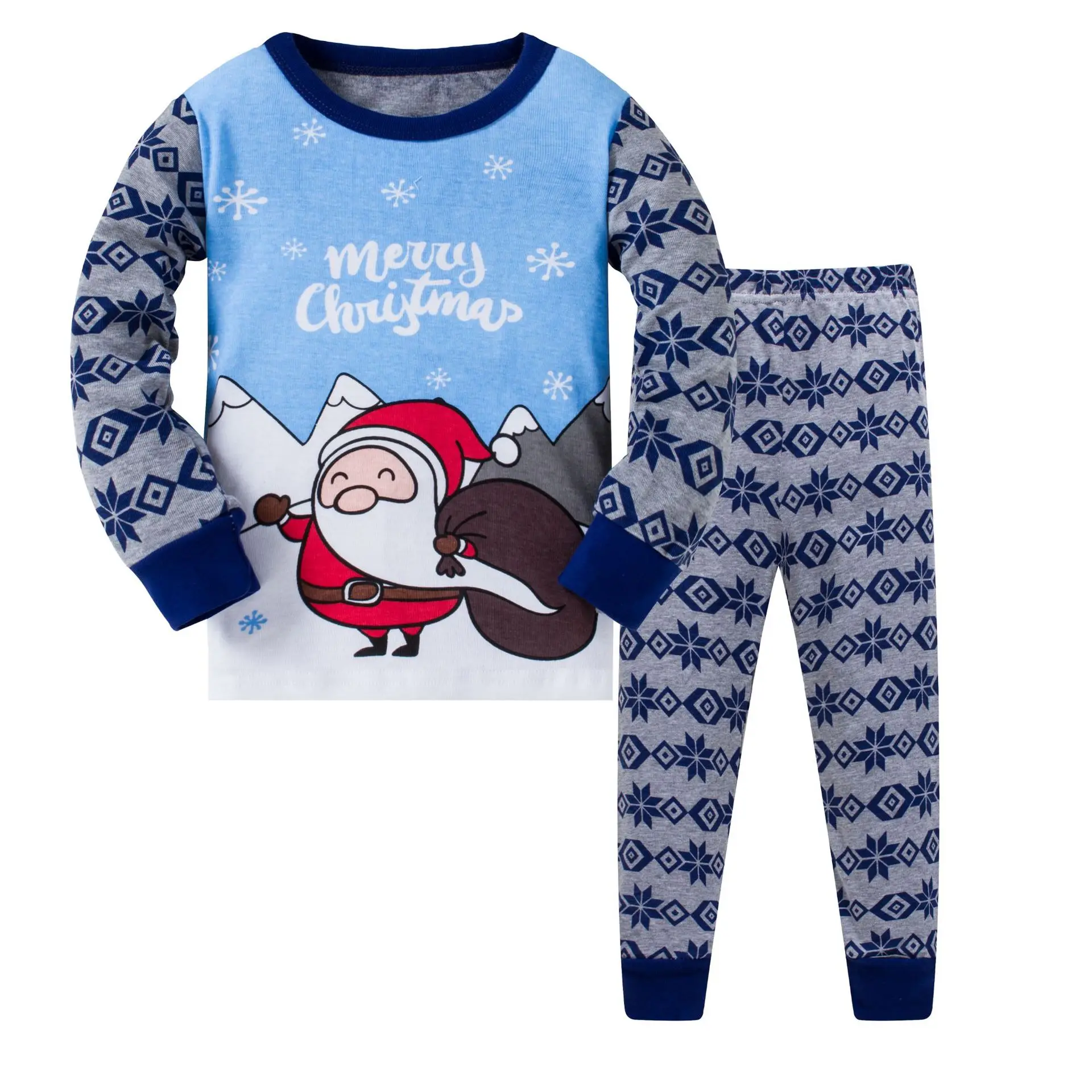 Длинные пижамы для маленьких девочек и мальчиков детская хлопковая одежда для сна с изображением Санта-Клауса «Веселые чиристамы» новые детские пижамы для детей 3, 4, 5, 6, 7, 8 лет - Цвет: 2pcs bule