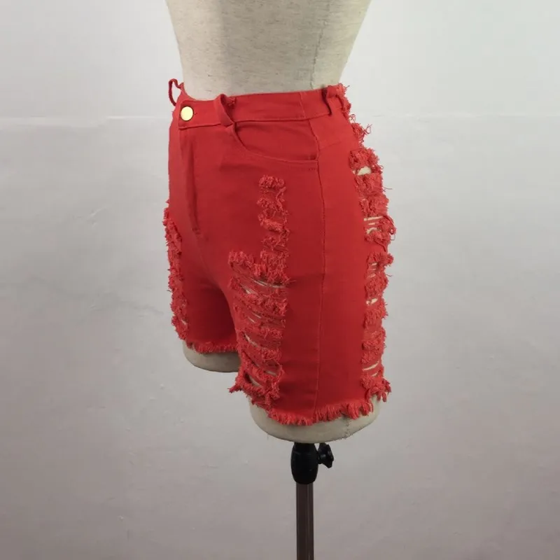 Модные женские сексуальные джинсовые шорты с красными дырками женские шорты с высокой талией облегающие рваные шорты на молнии