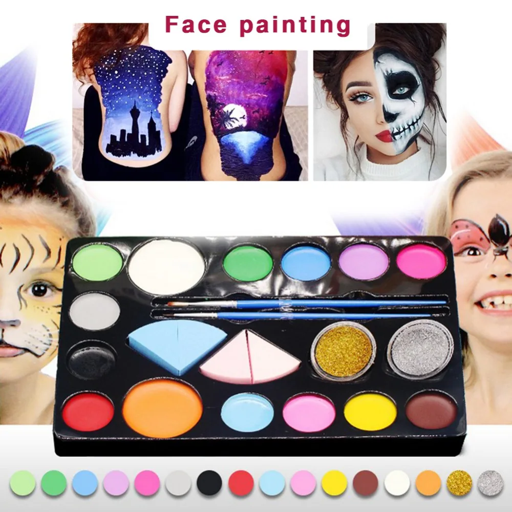 Child Makeup Set- 16 Face Paint Face Paint with 4 pcs Sponges 30 Painting Stencils 10 Brush Gift for Kids Parties& Halloween