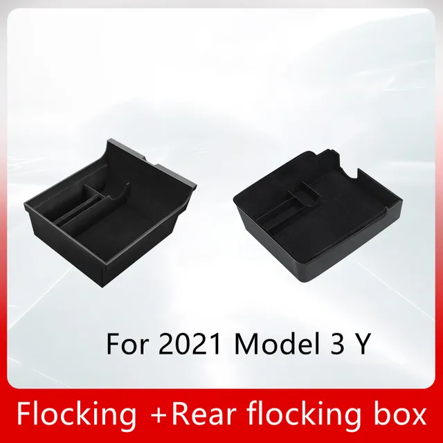 TEFUN For Tesla Model 3 Y 2021 2022 Storage Box Car Central Armrest Flocking/ABS Storage Box Organizer Model 3 2021 Accessories Flocking Set 2pcs