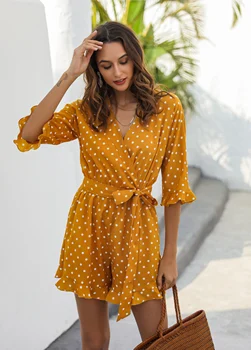 

Petal sleeve Polka Dot Jumpsuit shorts 2020 Dot V-Neck Short Sleeve Slim Waist Beach Bodysuit