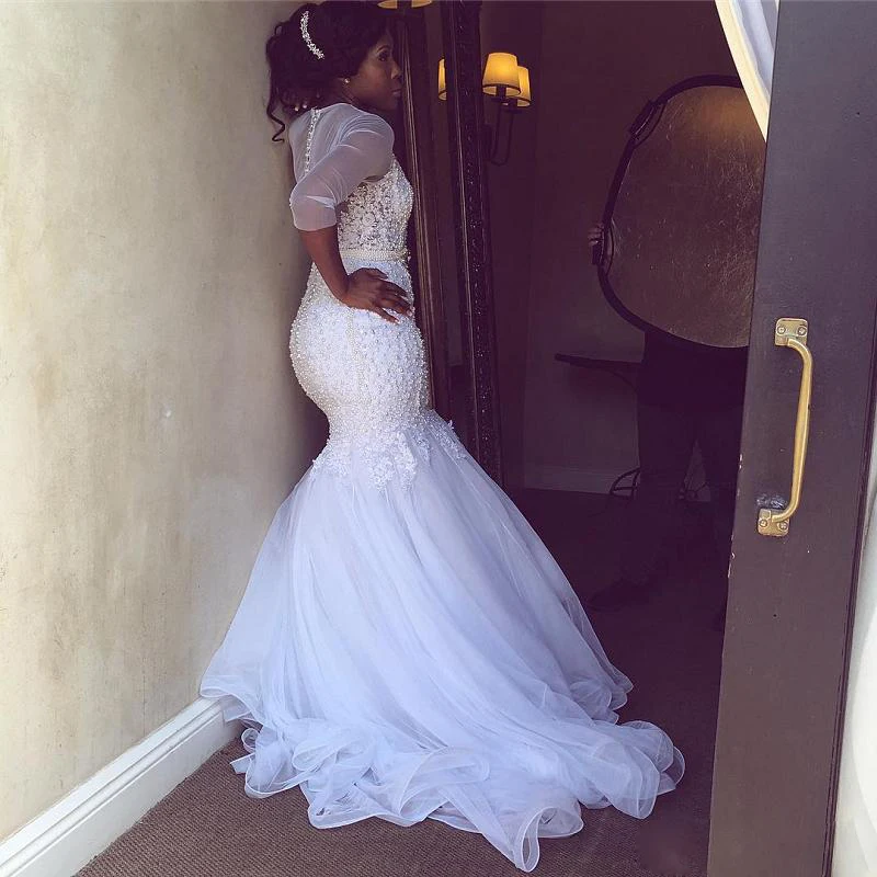 Белый Винтаж Vestidos De Novia Русалка Иллюзия сзади Свадебные платья кружево, аппликация бисером свадебное платье Robe De Marie