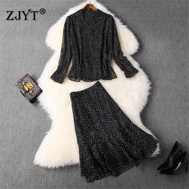 

Top Fashion Spring Women Two Piece Outfits 2020 New Designer Retro Polka Dot Print Chiffon Blouse and Skirt Matching Set