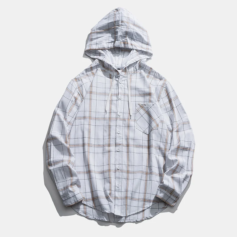 Cotton Plaid Shirt Men s Fashion Retro Hooded Shirt Men Loose Casual Shirt Streetwear Wild Long 4