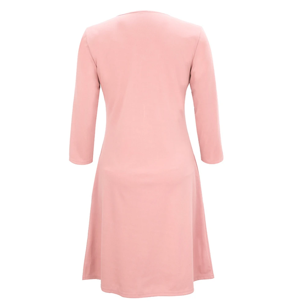 Pdfmily Fashion Women Casual Red Dresses Solid Zipper V-Neck Three Quarter Sleeve A-Line Short Loose Dress With 4 Colors