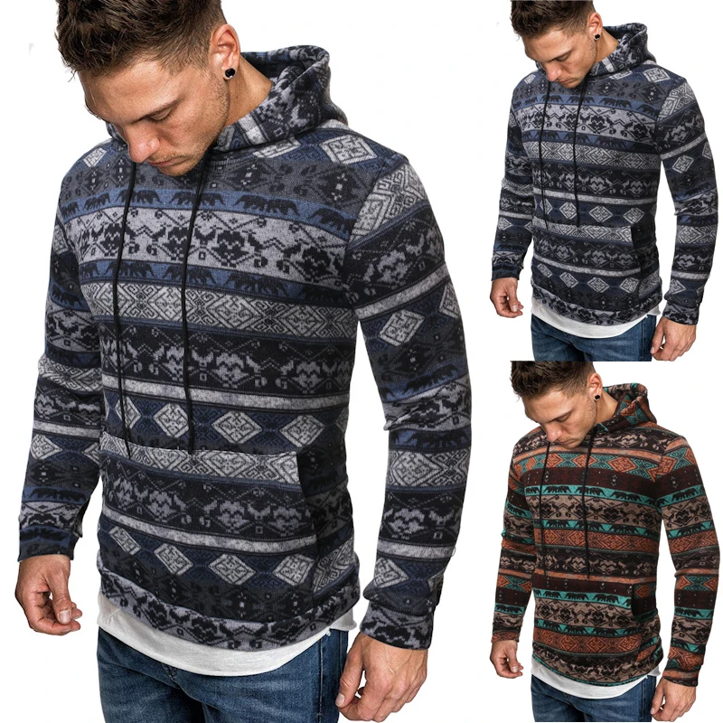  Men hoodies 2019 fashion sweatshirt Casual Slim Ethnic Style Printed Hoodie autumn Long Sleeve Hood