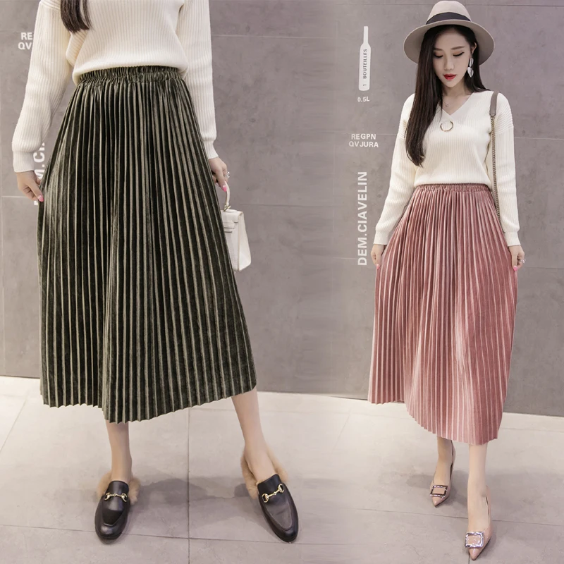 Najtaniej Kobiet Pleuche spódnice 2019 nowy jesień zima moda kobieta w stylu Vintage stałe line plisowana spódnica na co dzień złota aksamitna długie spódnice