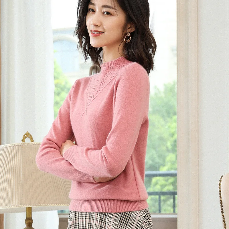 

2019 Autumn And Winter New Style Half-Turtle-Neck Cashmere Sweater Women's Solid Color Pullover Sweater Hollow out Wool Knit Low