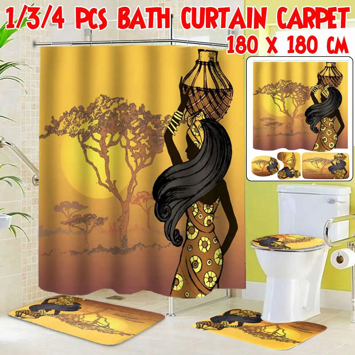 4pcs/set Exotic African Girls Pattern Shower Curtain Pedestal Rug Lid