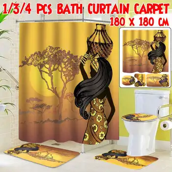 

4pcs/set Exotic African Girls Pattern Shower Curtain Pedestal Rug Lid Toilet Cover Mat Bath Mat Set Bathroom Curtains