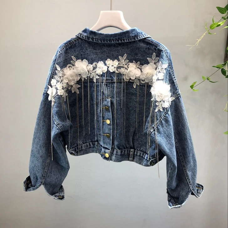 

Streetwear Short Denim Jacket Women New Beads Three-dimensional Flower Tassel Small Chain Open Fork Short Jeans Coat Spring Fall