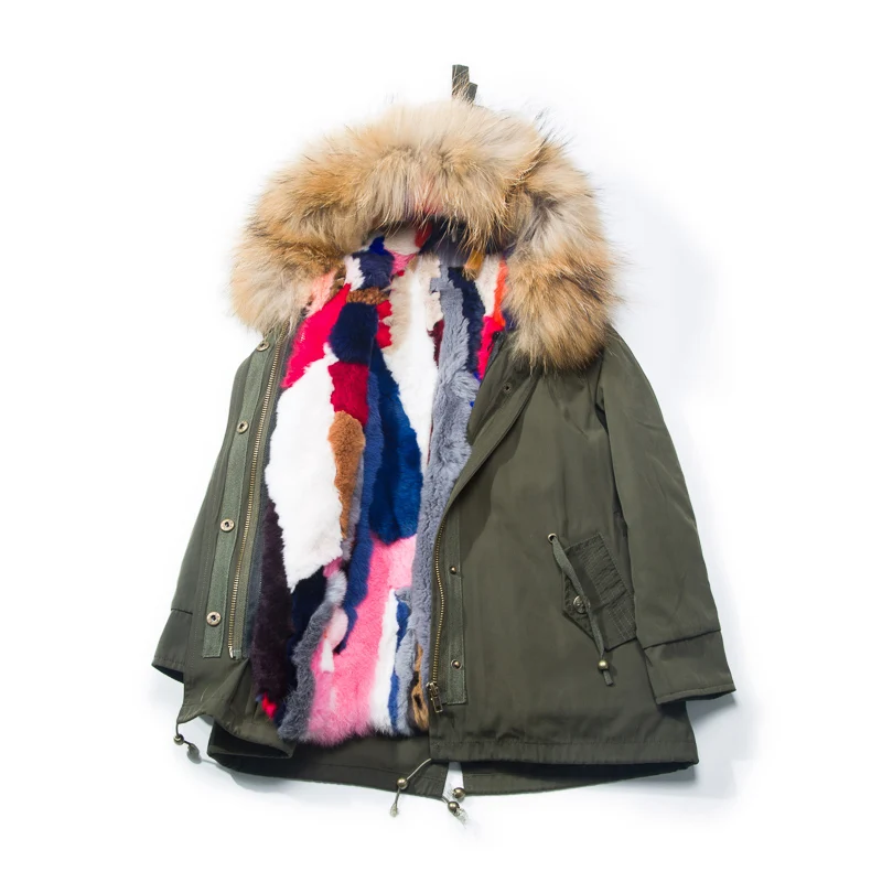 Натуральный мех енота меховой воротник кроличий мех лайнер куртка с капюшоном армейско-зеленого цвета для детей; пальто для девочек; одежда для рождественских праздников; зимние модные пальто из натурального меха - Цвет: 16