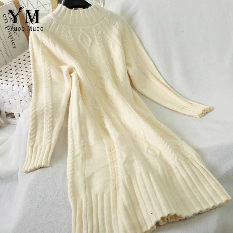 YuooMuoo, хорошее качество, теплое толстое платье-свитер с высоким воротом, женское вязаное зимнее длинное платье, Повседневные базовые женские платья Vestidos - Цвет: Бежевый