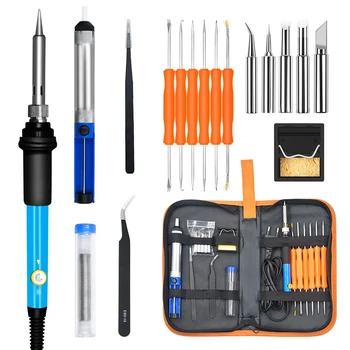 

New 60W 110V Soldering Iron Set Temperature Adjustable Welding Repair Tool Kit with 5 Tip Solder Wire Tweezers US Plug