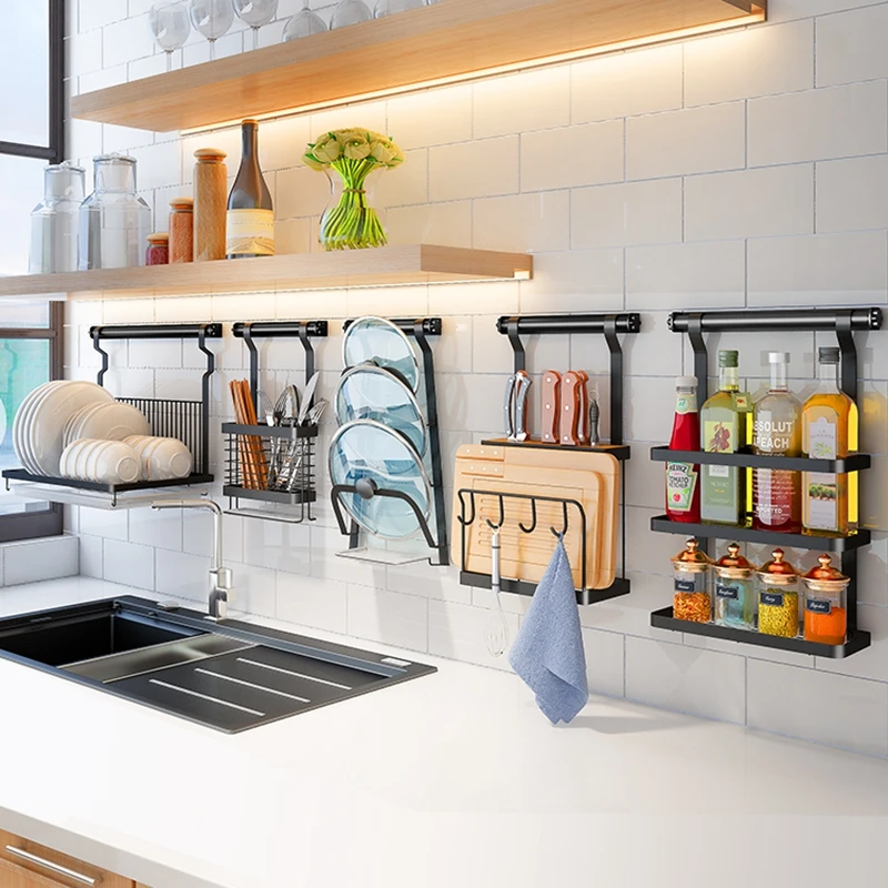 Stainless Steel Kitchen Shelf Household Storage Holder Rack Organizer Seasoning Dish Lid Punch Free Black | Дом и сад