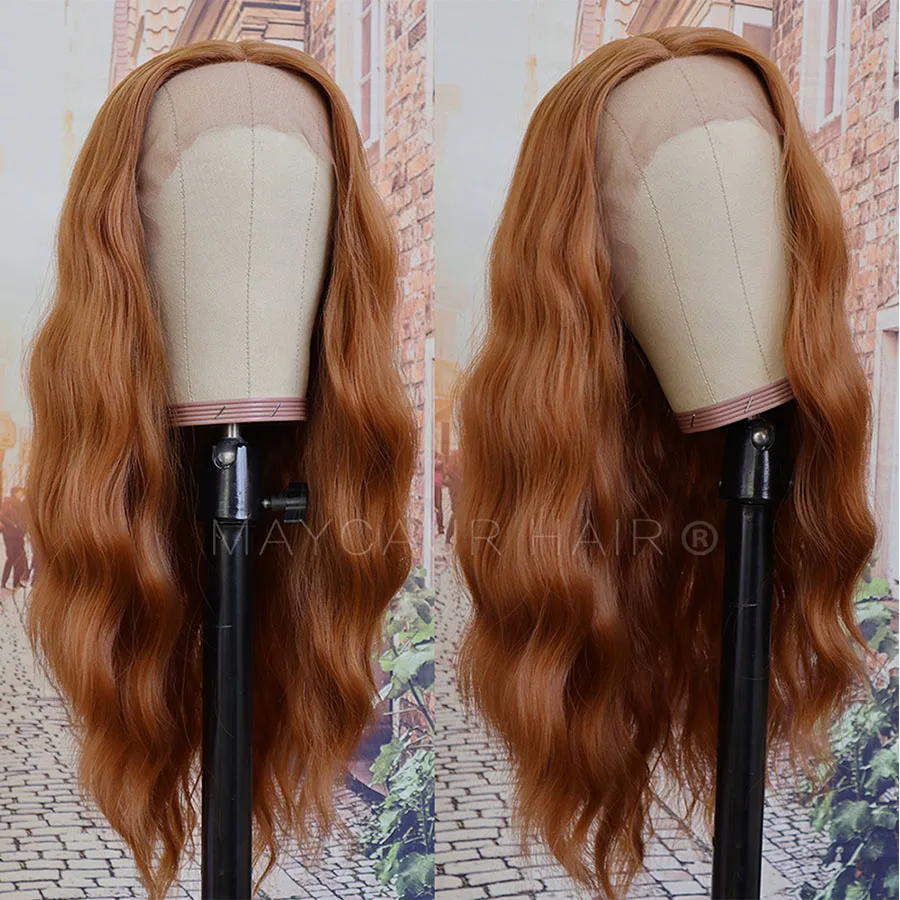 Maycaur Copper Brown Color Long Wavy Synthetic Lace Front Wigs Glueless Lace Wigs for Black Women