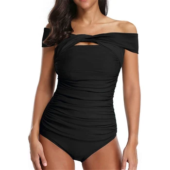 

LA CISNE New beach style solid color pleated one-piece neck strapless sexy tube top one-piece swimsuit women